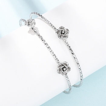 304 Stainless Steel Cuff Bangles for Women, Rose Flower, Stainless Steel Color, Inner Diameter: 2.50x1.89 inch(6.35x4.8cm)