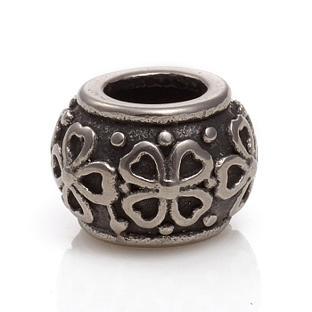 304 Stainless Steel European Beads, Large Hole Beads, Rondelle with Clover, Antique Silver, 10.5x7.5mm, Hole: 5mm