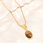 304 Stainless Steel Natural Tiger Eye Oval Pendant Round Snake Chain Slider Long Necklaces, Ion Plating(IP), Golden, 39.37 inch(100cm)(NJEW-D326-04G)