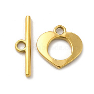 Ion Plating(IP) 304 Stainless Steel Toggle Clasps, Heart, Real 18K Gold Plated, Heart: 16x16x2mm, Hole: 2.5mm, 8mm inner diameter, Bar: 22x5.5x2mm, hole: 2.5mm(STAS-F290-07G)