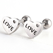 201 Stainless Steel Barbell Cartilage Earrings, Screw Back Earrings, with 304 Stainless Steel Pins, for Valentine's Day, Heart with Word Love, Stainless Steel Color, 6.5x8x2mm, Pin: 1mm(EJEW-R147-28)