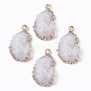 Druzy Resin Pendants, with Edge Light Gold Plated Iron Loop, Nuggets, White, 24~25x15x6~7mm, Hole: 1.8mm(X-RESI-R428-007B)