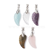 Natural Mixed Stone Pendants, Wing Charms with Platinum Plated Brass Ice Pick Pinch Bails, 40mm, Pendant: 24x12.5x5.5mm, Hole: 4x6.5mm(PALLOY-JF02350)