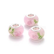 Handmade Lampwork European Beads, Large Hole Rondelle Beads, with Platinum Tone Brass Double Cores, Rondelle with Flower , Pink, 14~15x9~10mm, Hole: 5mm(LPDL-N001-041)