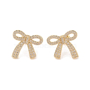 Brass Micro Pave Clear Cubic Zirconia Stud Earrings, for Women, Bowknot, Golden, 16x17.5mm(EJEW-S231-01G)