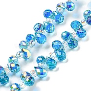 Electroplate Transparent Glass Beads Strands, AB Color Plated, Faceted Teardrop, Top Drilled, Deep Sky Blue, 6x4mm, Hole: 0.8mm, about 97~102pcs/strand, 10.63''~14.80''(27~37.6cm)(EGLA-P052-01A-AB03)