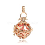 Golden Plated Brass Hollow Round Cage Pendants, with No Hole Spray Painted Brass Beads, Pink, 34x25x20mm, Hole: 3x8mm(KK-J246-06G)