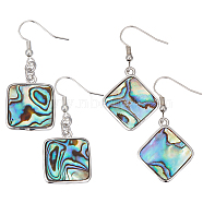 2 Pairs 2 Style Natural Abalone Shell/Paua Shell Dangle Earrings, Brass Drop Earrings, Square & Rhombus, Platinum, 45~50mm, Pin: 0.7mm, 1 Pair/style(EJEW-BBC0001-22)