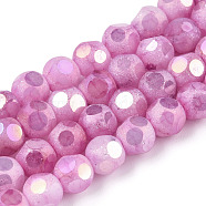 Opaque Frosted Glass Beads Strands, AB Color Plated, Faceted, Round, Hot Pink, 6.5x6mm, Hole: 1.5mm, about 70pcs/strand, 16.38 inch(41.6cm)(EGLA-N006-076F)