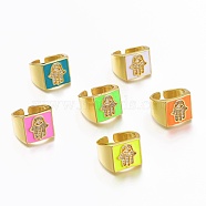 Brass Micro Pave Clear Cubic Zirconia Cuff Rings, Open Rings, with Enamel, Lead Free & Cadmium Free, Hamsa Hand with Eye, Real 18K Gold Plated, Mixed Color, US Size 6(16.5mm)(ZIRC-A017-22G-RS)