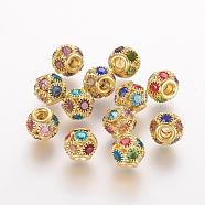 Brass Beads, with Grade A Rhinestone, Rondelle, Golden, Colorful, 10x9mm, Hole: 2.5mm(RB-K050-10mm-A02)