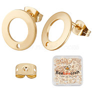 50Pcs 201 Stainless Steel Stud Earring Findings, with 304 Stainless Steel Pin & Hole & Friction Ear Nuts, Donut, Real 24K Gold Plated, 12mm, Hole: 1.2mm, Pin: 0.7mm(STAS-BBC0002-29)