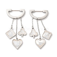 Ace of Diamond & Hearts & Clubs Synthetic White Shell Dangle Hoop Earrings, 304 Stainless Steel Poker Card Drop Earrings, Stainless Steel Color, 45mm, Pin: 1mm(EJEW-E286-04P)