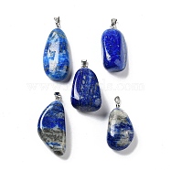 Natural Lapis Lazuli Pendants, Nuggets Charms with Stainless Steel Color Plated 201 Stainless Steel Snap on Bails, 29.5~37x15~18x8~12mm, Hole: 5x3mm(G-P525-01P-02)