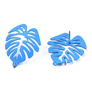 Spray Painted Iron Stud Earring Findings, with Horizontal Loops, Monstera Leaf, Dodger Blue, 28.5x24mm, Hole: 1.4mm, Pin: 0.7mm(IFIN-N008-019-B02)