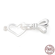 925 Sterling Silver Fold Over Clasps, Long-Lasting Plated, Heart Bowknot with 925 Stamp, Silver, Heart: 14x8x2mm, Clasp: 16.5x5.5x7.5mm, Ring: 3x0.5mm, Inner diameter: 2mm(STER-D005-07S)