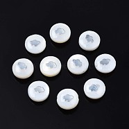 Natural Freshwater Shell Beads, with Platinum Plated Brass Metal Embellishments, Flat Round with Palm, Platinum, 8x4.5mm, Hole: 0.6mm(SHEL-N003-22-07P)