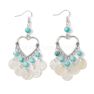 Heart Synthetic Turquoise & Capiz Shell Chandelier Earrings, Brass Dangle Earrings for Women, 82x28mm(EJEW-TA00490)