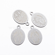 304 Stainless Steel Pendants, Oval with Virgin, Stainless Steel Color, 18.5x12x0.8mm, Hole: 1.5mm(STAS-H375-04P)