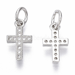 Brass Micro Pave Cubic Zirconia Tiny Cross Charms, with Jump Ring, Nickel Free, Clear, Real Platinum Plated, 12x7x1.5mm, Hole: 3mm(ZIRC-R109-024B-P-NF)