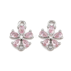 Brass Pave Pink Cubic Zirconia Connector Charms, Flower Links, Platinum, 11x8.5x2mm, Hole: 1mm(CU-CBAA6E8-01P)