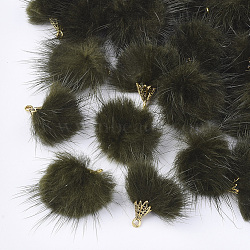 Faux Mink Fur Tassel Pendant Decorations, with Alloy Findings, Antique Golden, Olive, 20~30x28~30mm, Hole: 1.8mm(FIND-S300-37C)