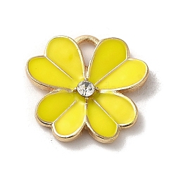 Flower Alloy Enamel Pendants, with Rhinestone, Light Gold, Yellow, 19x19.5x3mm, Hole: 4x2.5mm(ENAM-A007-04KCG-02)