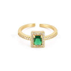 Cubic Zirconia Rectangle Open Cuff Ring, Real 18K Gold Plated Brass Jewelry for Women, Cadmium Free & Lead Free, Dark Green, US Size 6 3/4(17.1mm)(RJEW-S049-015G)