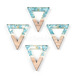 Transparent Resin & White Wood Pendants, Hollow Triangle Charms with Paillettes, Light Sky Blue, 27.5x24x3.5mm, Hole: 1.8mm(RESI-N039-50)