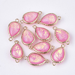 Epoxy Resin Links connectors, with Brass Findings, Imitation Opal Style, teardrop, Golden, Hot Pink, 21~22x11~12x6~7mm, Hole: 1.5mm(RESI-S373-10F)