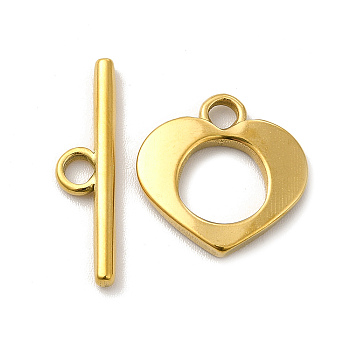 Ion Plating(IP) 304 Stainless Steel Toggle Clasps, Heart, Real 18K Gold Plated, Heart: 16x16x2mm, Hole: 2.5mm, 8mm inner diameter, Bar: 22x5.5x2mm, hole: 2.5mm