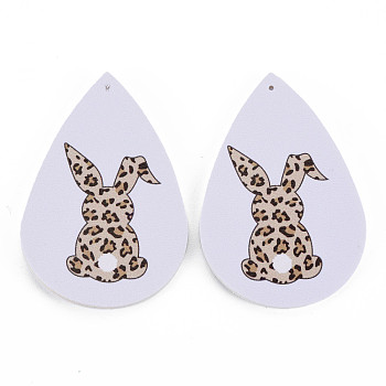 PU Leather Big Teardrop with Bunny Pendants, Easter Theme, with Rabbit Pattern, BurlyWood, 55~56.5x35~37x2mm, Hole: 1~2mm