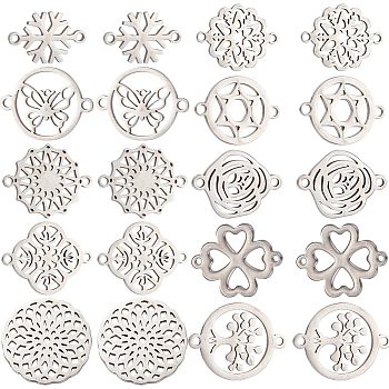 20Pcs 10 Styles Stainless Steel Connector Charms, Flower & Clover & Flat Round Links, Mixed Shapes, Stainless Steel Color, 14~21x15~20x1~1.5mm, Hole: 1.2~1.8mm, 2pcs/style