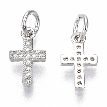 Brass Micro Pave Cubic Zirconia Tiny Cross Charms, with Jump Ring, Nickel Free, Clear, Real Platinum Plated, 12x7x1.5mm, Hole: 3mm