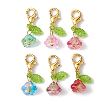 6Pcs Flower & Leaf Acrylic Pendant Decorations, with Alloy Lobster Claw Clasps, Golden, 24mm