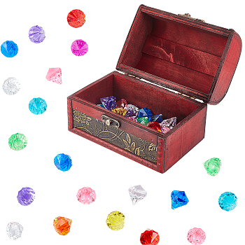 30Pcs Transparent Acrylic Diving Gem Pool Toy, Diamond Shape, with 1Pc Retro Wood Jewelry Treasure Box, Mixed Color, Diamond: 24x21mm, Hole: 1mm, Box: 102x150x105.5mm
