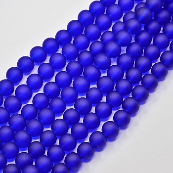 Transparent Glass Bead Strands, Frosted, Round, Blue, 10mm, Hole: 1.3~1.6mm, about 80pcs/strand, 31.4 inch