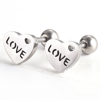 201 Stainless Steel Barbell Cartilage Earrings, Screw Back Earrings, with 304 Stainless Steel Pins, for Valentine's Day, Heart with Word Love, Stainless Steel Color, 6.5x8x2mm, Pin: 1mm