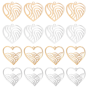 16Pcs 4 Style Ion Plating(IP) 201 Stainless Steel Pendants, Laser Cut, Heart, Golden & Stainless Steel Color, 21.5~22x22~22.5x1mm, Hole: 1.4mm, 8pcs/style