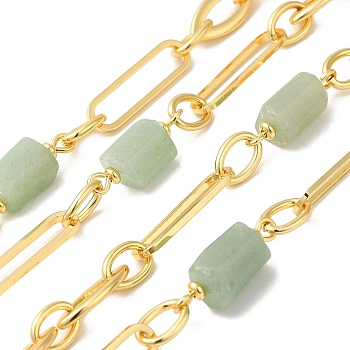 Natural Green Aventurine Faceted Irregular Column Beaded Chains, with Rack Plating Real 18K Gold Plated Brass Oval Link Chains, Unwelded, Long-Lasting Plated, Lead Free & Cadmium Free, 20~22x6.5~8.5x6.5~8mm, 22x6x1mm, 9x6.35x1mm