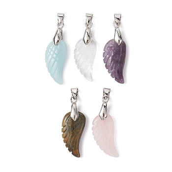 Natural Mixed Stone Pendants, Wing Charms with Platinum Plated Brass Ice Pick Pinch Bails, 40mm, Pendant: 24x12.5x5.5mm, Hole: 4x6.5mm