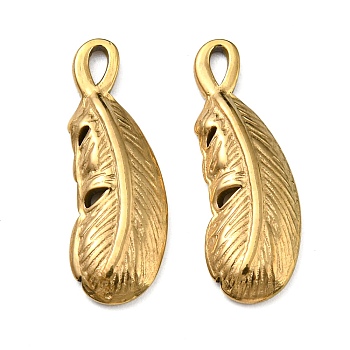 Ion Plating(IP) 316L Surgical Stainless Steel Pendants, Feather Charm, Real 18K Gold Plated, 19x12x2mm, Hole: 3x1mm
