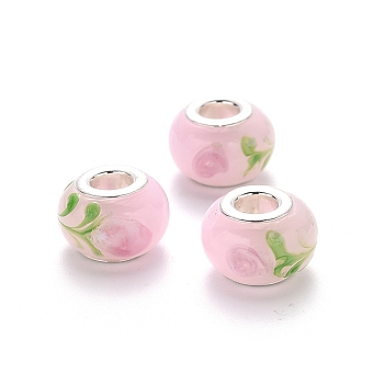Handmade Lampwork European Beads, Large Hole Rondelle Beads, with Platinum Tone Brass Double Cores, Rondelle with Flower , Pink, 14~15x9~10mm, Hole: 5mm