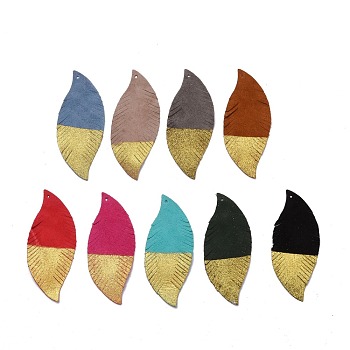 Eco-Friendly Sheepskin Leather Big Pendants, Two Tone, Spray Gold Color, Leaf, Mixed Color, 70x29x1mm, Hole: 1.4mm