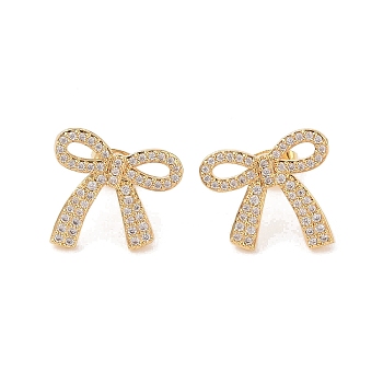 Brass Micro Pave Clear Cubic Zirconia Stud Earrings, for Women, Bowknot, Golden, 16x17.5mm