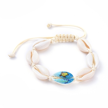 Adjustable Printed Cowrie Shell Braided Bead Bracelets, with Korean Waxed Polyester Cord, Sea Turtle Pattern,  Inner Diameter: 2 inch~3-1/4 inch(5~8.3cm)