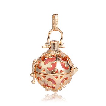 Golden Plated Brass Hollow Round Cage Pendants, with No Hole Spray Painted Brass Beads, Pink, 34x25x20mm, Hole: 3x8mm