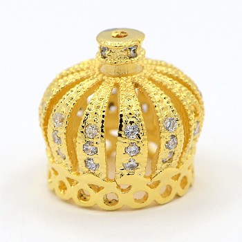 CZ Jewelry Brass Micro Pave Cubic Zirconia Bead Caps, Crown, Golden, 13x13mm, Hole: 1mm