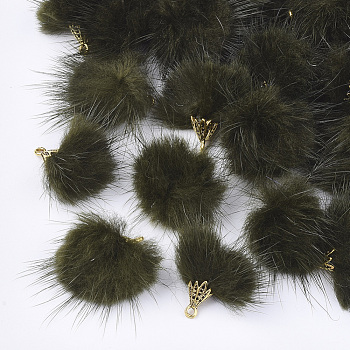 Faux Mink Fur Tassel Pendant Decorations, with Alloy Findings, Antique Golden, Olive, 20~30x28~30mm, Hole: 1.8mm