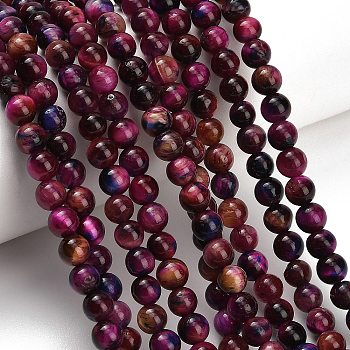 Natural Tiger Eye Beads Strands, Grade AB, Dyed & Heated, Smooth Round, Pale Violet Red, 6mm, Hole: 1mm, about 62pcs/strand, 14.69''(37.3cm)